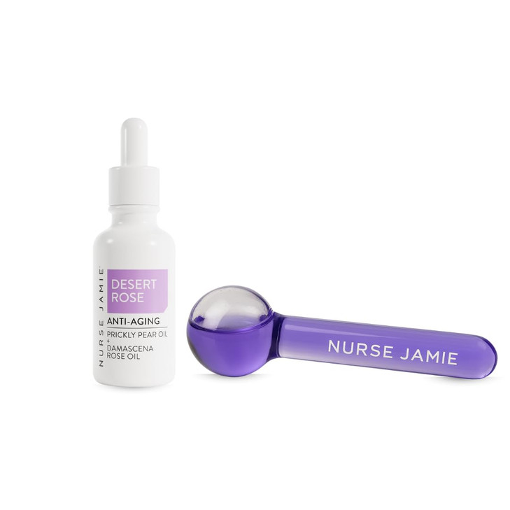 Nurse Jamie GlowGlobe Kit  Cooling Face & Eye Massage Tool + Desert Rose Anti-Aging Oil  Depuffing Roller & Hydrating Skincare Duo for Radiant, Rev