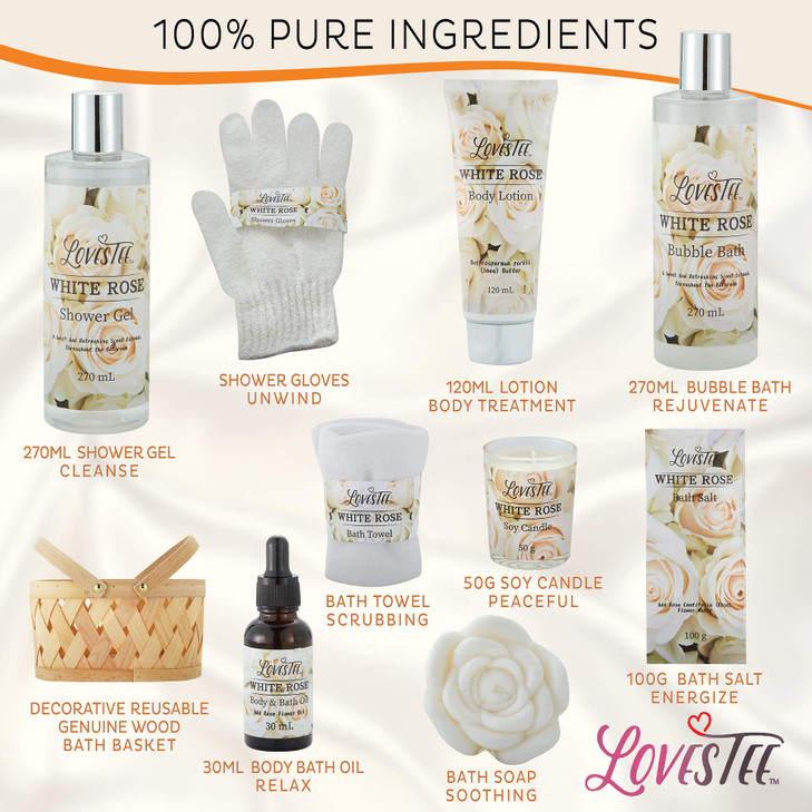 Christmas Gifts Bath & Body Spa Gift Basket for Women, Best Gift for Mother's Day & Birthday, White Rose Set Body Lotion, Shower Gel, Bubble Bath, Ba