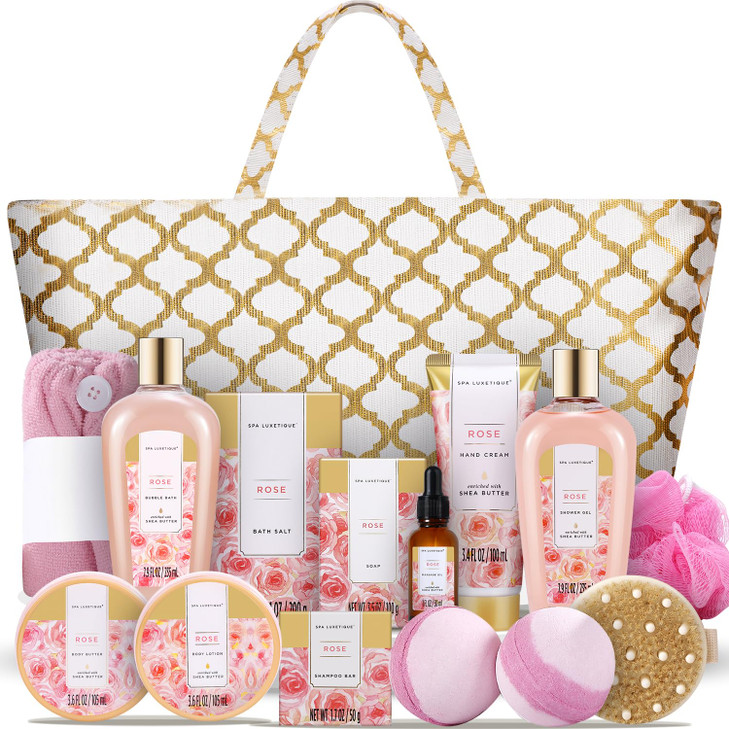 Spa Luxetique Spa Baskets for Women Gift, Womens Spa Gift Baskets, 15pcs Rose Spa Sets, Spa Kit Includes Body Oil, Bubble Bath, Bath Sets for Women,