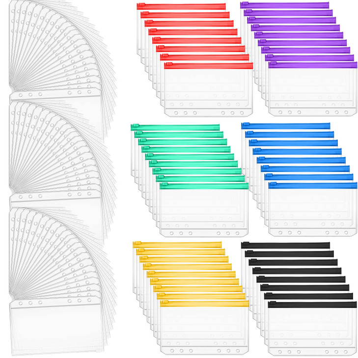 Sherr 108 Pcs A6 Size Binder Pockets 6 Holes Budget Cash Envelopes for Budgeting Waterproof PVC Budget Binder Receipt Organizer Multicolor Pouch Clea