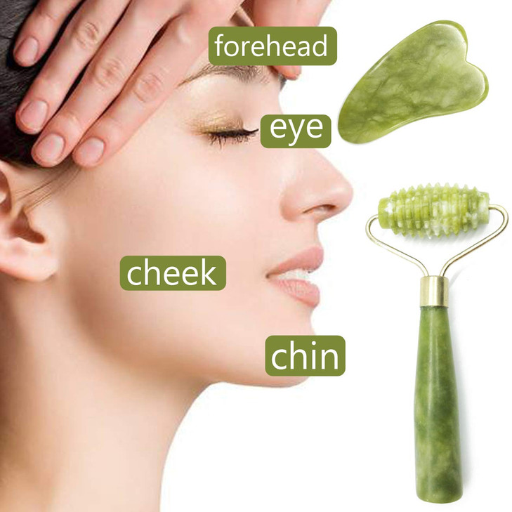 TIHOOD 6PCS Massage Tools Kits, 4 PCS Jade Roller Facial Ridged Roller Kits Skin Roller with 2 Pieces Scraping Massage Tools Anti Aging and Wrinkles