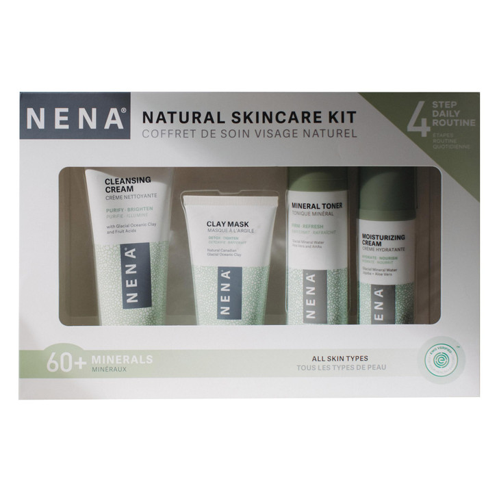 NENA Skincare Natural Skincare Kit - Cleansing Cream Face Wash - Clay Mask for Face - Mineral Hydrating Toner - Moisturizing Cream - Vegan - 4 Pc