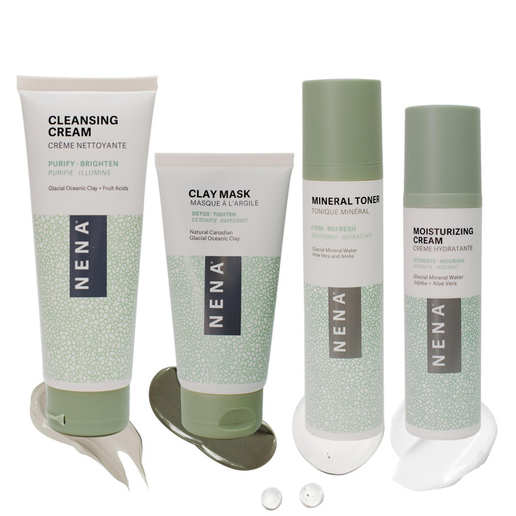 NENA Skincare Natural Skincare Kit - Cleansing Cream Face Wash - Clay Mask for Face - Mineral Hydrating Toner - Moisturizing Cream - Vegan - 4 Pc