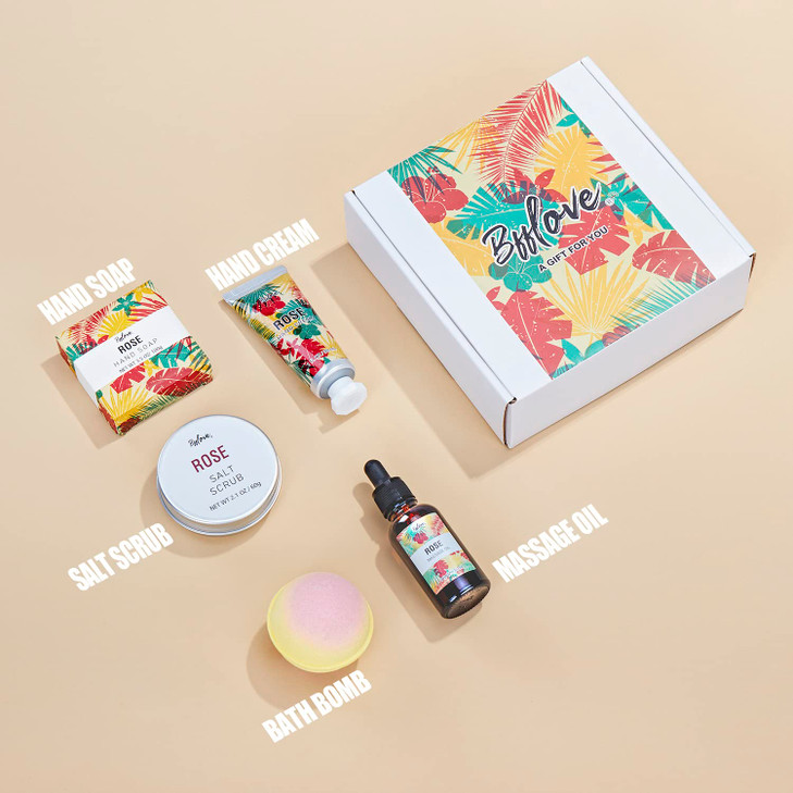 Spa Gifts for Women, Gift Set, Self Care Kit, Birthday Gifts, 5pc Rose Bath Sets Include Massage Oil, Bath Bomb, Salt Scrub, Soap, Hand Cream, Christ
