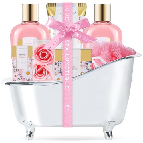 Self Care Gifts for Women, Spa Luxetique Bath and Body Gift Set, 8pcs Daisy Gift Baskets for Women with Bubble Bath, Lotion, Mothers Day Gifts for Mo
