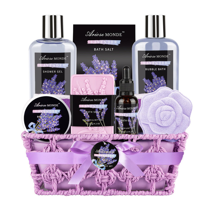 Spa Gift Basket Set, Lavender Home Spa Gifts for Women With Shower Gel, Bubble Bath, Body Butter, Bath Salt, Bomb, Oil, Soap - Gift Idea for Mother,