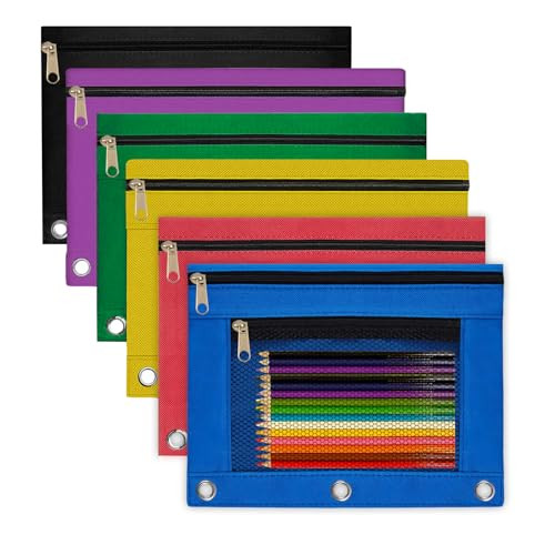 ysuwekslu Pencil Pouch for 3 Ring Binder 6 Pack Pencil Bags with Zipper Pencil Case for Binder Large Pencil Case Pouch 3 Ring with Clear Mesh Window