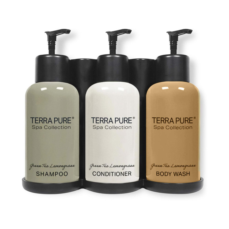 Terra Pure Spa Collection | Wall-Mounted No-Drill Hotel Amenities Dispenser | 10.14oz Bottles | Tamper-Proof Locking Bracket | 1 Bracket with Shampoo