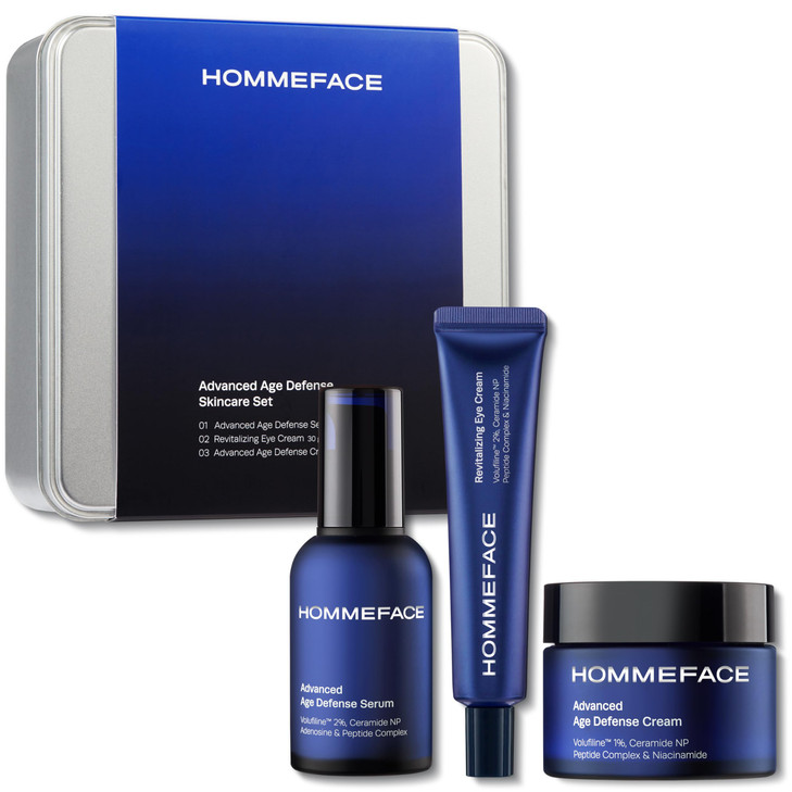 HOMMEFACE Mens Advanced Age Defense 3-Piece Anti-Aging Skincare Set - Facial Serum, Eye Cream & Face Cream - Korean Skincare Technology with Volufil