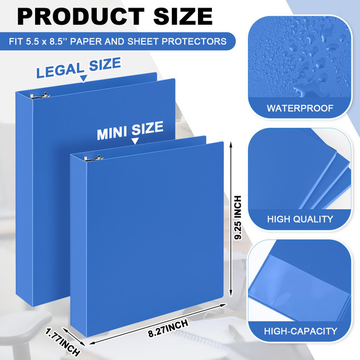 Henoyso 6 Pcs Plastic Mini 3 Ring Binder 1" Round Rings with 2 Insert Pockets, Fits 5.5" x 8.5" Paper, Capacity 200 Sheets, Blue Three Rings Flexible