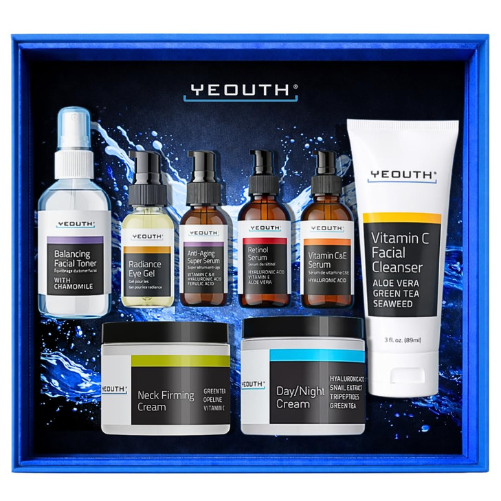 YEOUTH Skin Care Set: Retinol Serum with Hyaluronic Acid, Vitamin C & Super Face Serum, Cleanser, Toner, Eye Gel, Neck Cream, Face Cream 8-Piece Skin