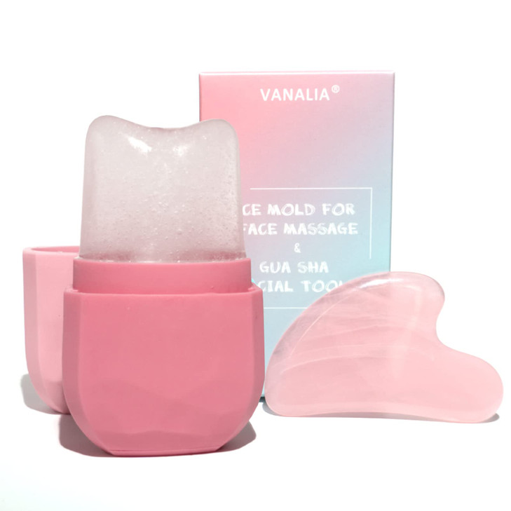 VANALIA Ice Roller and Gua Sha Set for Face, Eyes and Neck - Skin Care Beauty Tools to Brighten Skin and Enhance Natural Glow (Pink)