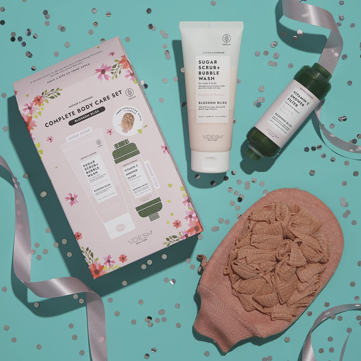 VOESH Shower & Empower Complete Body Care Set, Vitamin C Shower Filter, Exfoliating Loofah, Body Wash, Shower Care Set, Self-Care Kit, Vegan Skincare