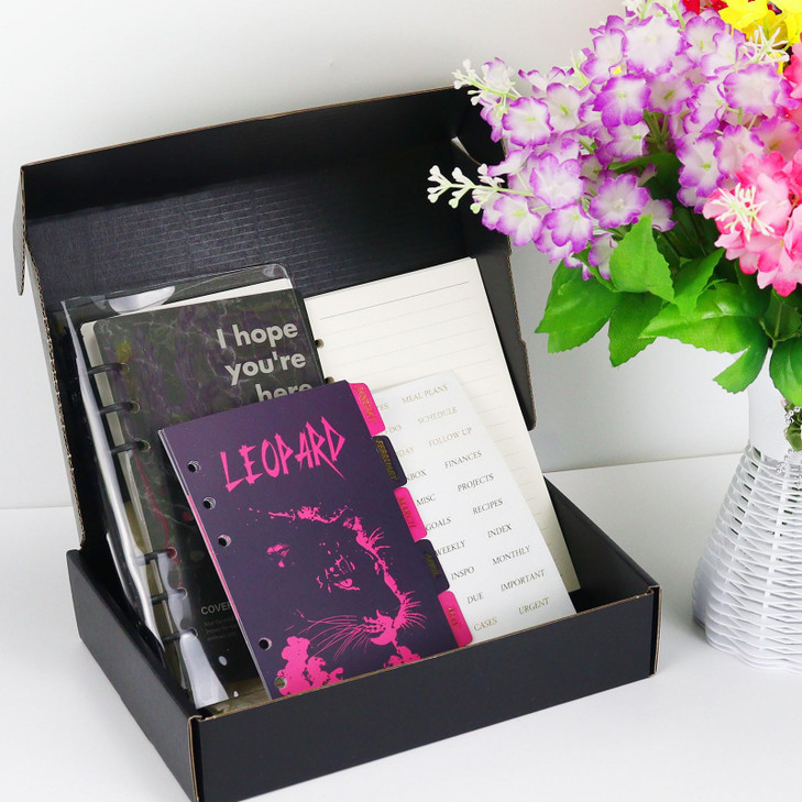 A6 Black Binder 6-Ring Soft PVC Cover Binders, Transparent 6 Ring Binder Cover Soft Notebook Cover with Inner Pages & Divider Sticker Set (Black Ring