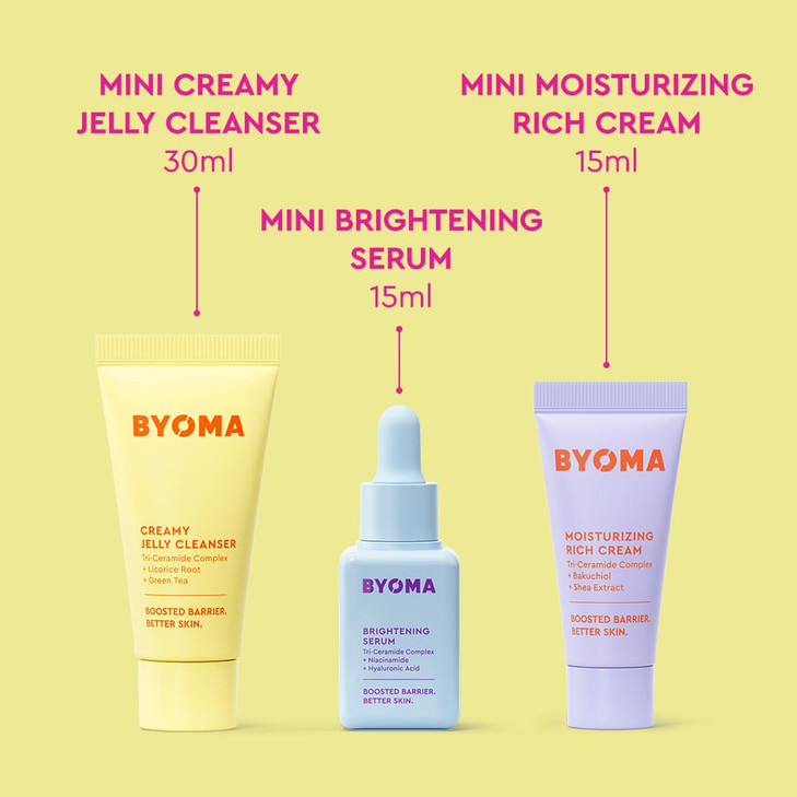 BYOMA So Bright Set - Barrier Repair Skincare Set for Brighter Skin - Creamy Jelly Cleanser, Brightening Face Serum & Ceramide Face Moisturizer - Alc