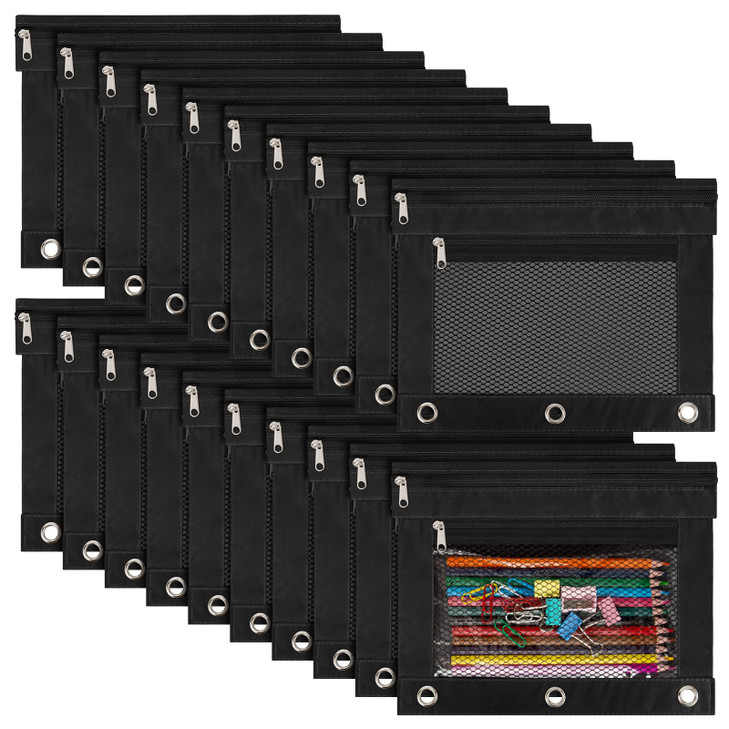 IKAYAS 20 Pack Black Pencil Pouch bulk 3 Ring Binder Pouch with Zipper, Pouch Bags for Classroom bulk Pencil Box Case for Storing School Students Tea