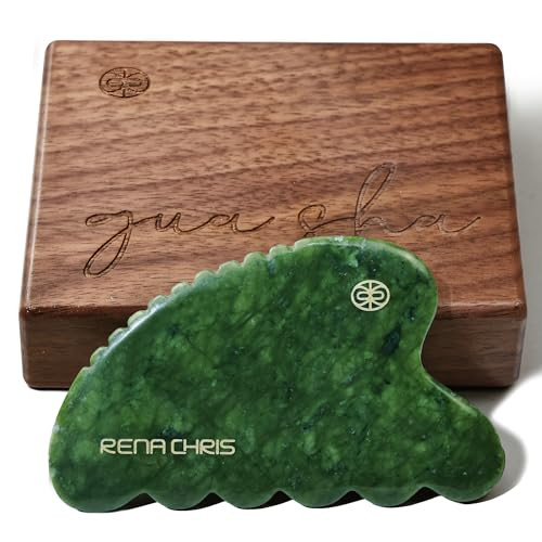 Rena Chris Gua Sha Facial Tool, Natural Xiuyan Jade Stone Body Gua Sha with Exquisite Wooden Box, Large Guasha Suitable for Face Lifting, Puffiness R