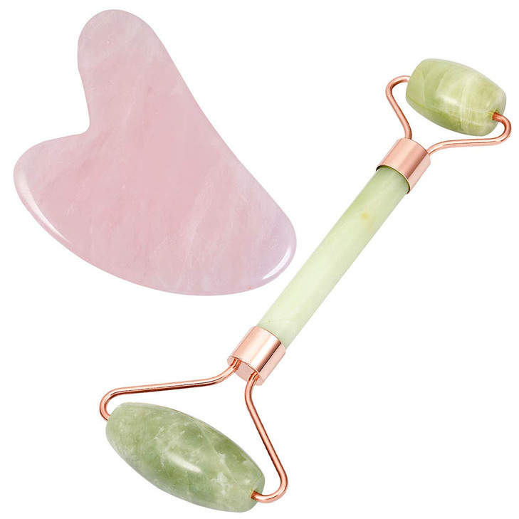 mookaitedecor Xiuyan Jade Roller & Rose Quartz Gua Sha Scraping Massage Tool Set, Face Massager for Wrinkles, Anti Aging