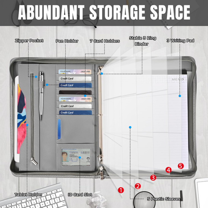 Deziliao 3-Ring Padfolio Portfolio Binder, Document Organizer Folio, 10.4 Inch PU Leather Business Portfolio with Zipper, Business Planner Organizer