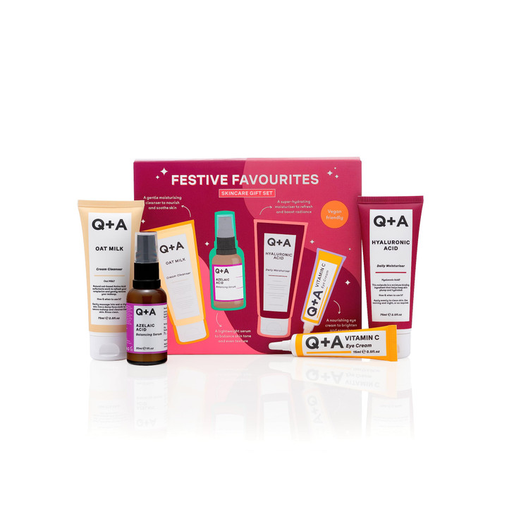 Q+A Festive Favourites Gift Set, containing a Hyaluronic Acid Moisturiser (75ml), an Oat Milk Cream Cleanser (75ml), an Azelaic Acid Serum (30ml), an