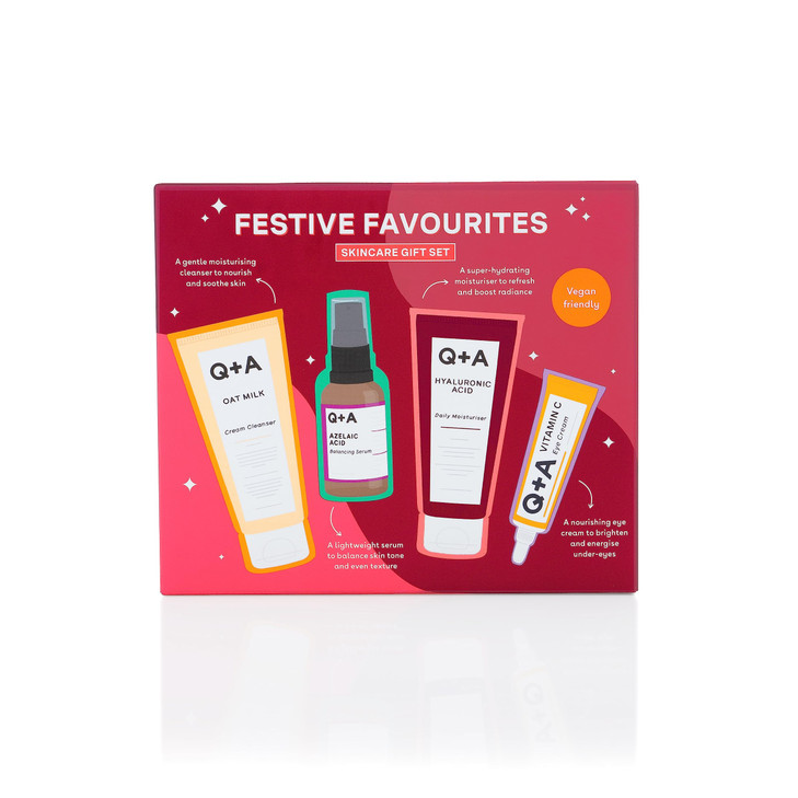 Q+A Festive Favourites Gift Set, containing a Hyaluronic Acid Moisturiser (75ml), an Oat Milk Cream Cleanser (75ml), an Azelaic Acid Serum (30ml), an