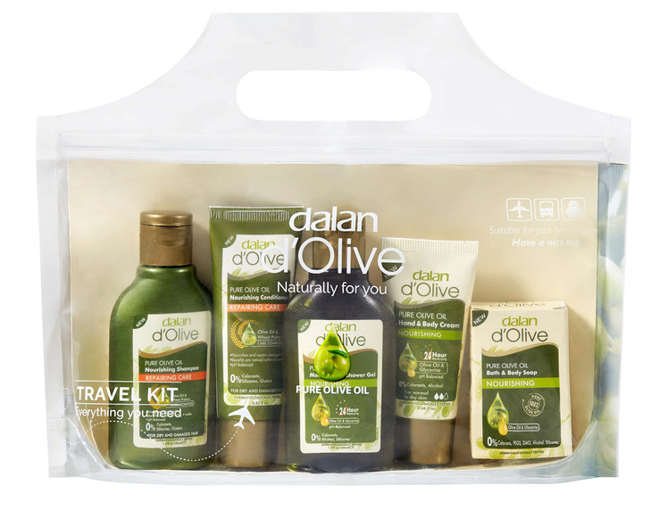 Dalan d`Olive Travel Kit, 5 Pieces - Shampoo, Hair Conditioner, Shower Gel, Bar Soap, Hand & Body Lotion