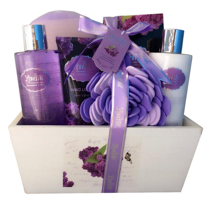 Spa Gift Basket with Lavender Fragrance and Lilac Color - Bath and Body Set Includes Shower Gel, Body Lotion, Hand Lotion, Bath Salt, Flower Sponge a
