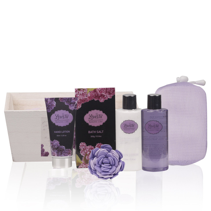 Spa Gift Basket with Lavender Fragrance and Lilac Color - Bath and Body Set Includes Shower Gel, Body Lotion, Hand Lotion, Bath Salt, Flower Sponge a