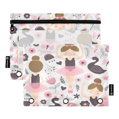 Cute Ballerina Girl Pencil Pouch for 3 Ring Binder, 2 PCS Binder Pencil Pouch with Zipper, Clear Window Zipper Pencil Case Pencil Bags for School Off
