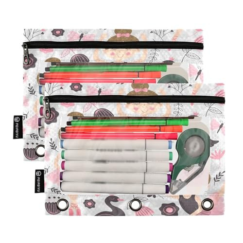Cute Ballerina Girl Pencil Pouch for 3 Ring Binder, 2 PCS Binder Pencil Pouch with Zipper, Clear Window Zipper Pencil Case Pencil Bags for School Off