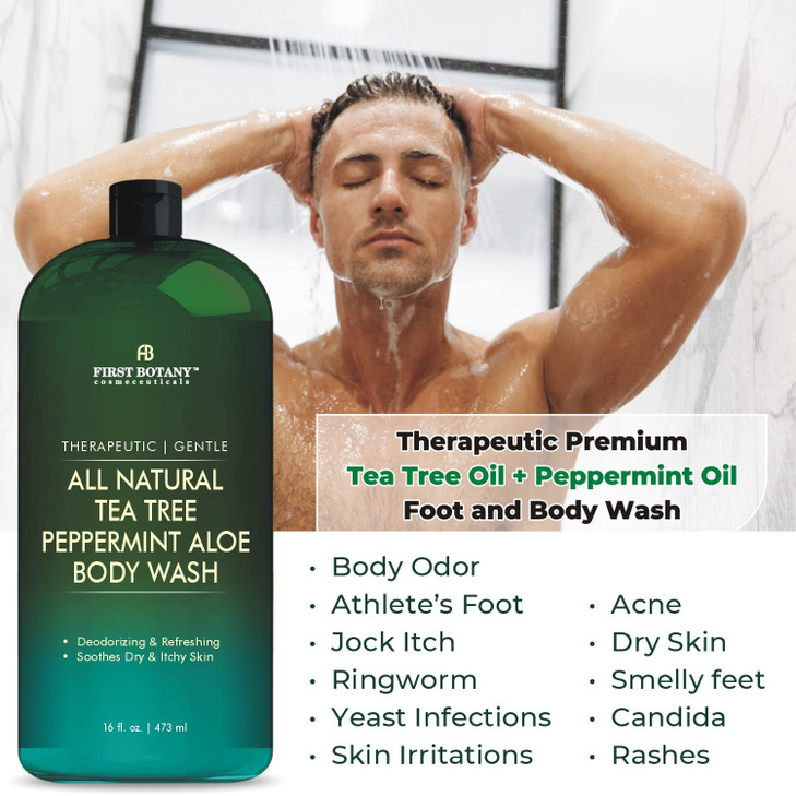 First Botany, ALL Natural Body Wash - Fights Body Odor, Athletes Foot, Jock Itch, Nail Issues, Dandruff, Acne, Eczema, Shower Gel for Women & Men, Sk