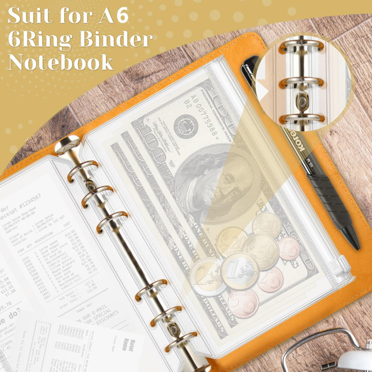 12PCS A6 Binder Pockets,6 Holes Cash Envelopes for Budgeting,Zipper Cash Stuffing Envelopes A6 Binder Planner Inserts Pouch,Clear PVC Loose Leaf Fill
