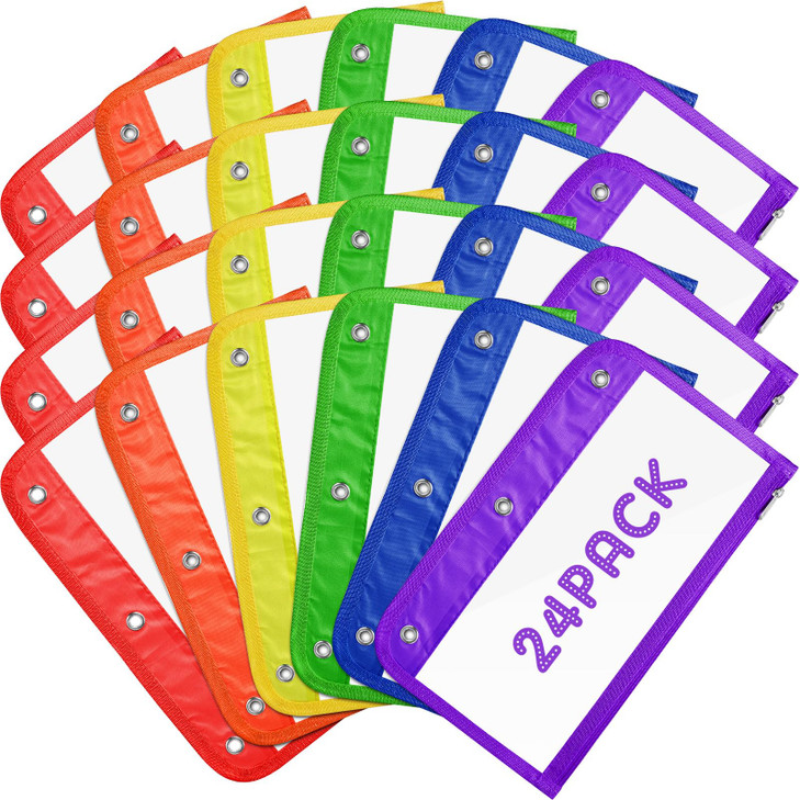 Affrolling 24 Pcs Bulk Clear Pencil Pouch for 3 Ring Binder Zipper Pencil Pouches Multi Color Pencil Case Pencil Bags with Zipper PVC Binder Pencil C