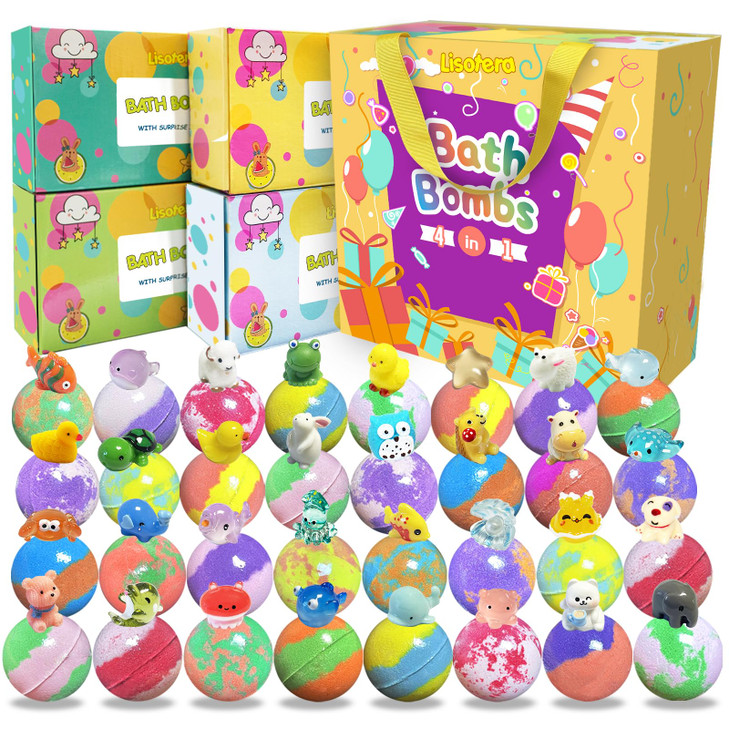 Bath Bombs for Kids with Surprise Inside, 32 Pack Kids Bath Bombs with Land & Sea Animal Toys, Handmade Fizzy Bubble Children Bath Ball Gift Set for