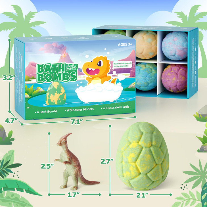 TranquilBliss Dino Egg Bath Bombs for Kids with Surprise Inside, 6 Packs Dinosaur Bath Toys Set for Boys,Girls, Bubble Fizzies, Educational Birthday