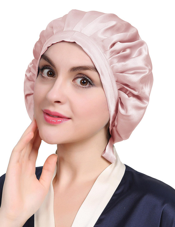 LilySilk 100% Mulberry Silk Bonnet, Silk Night Sleep Cap Adjustable Hair Wrap for Sleeping, Rosy Pink
