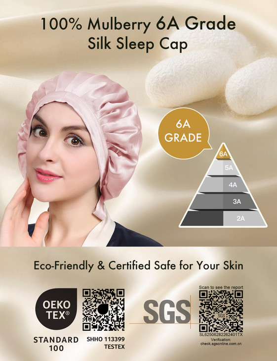 LilySilk 100% Mulberry Silk Bonnet, Silk Night Sleep Cap Adjustable Hair Wrap for Sleeping, Rosy Pink