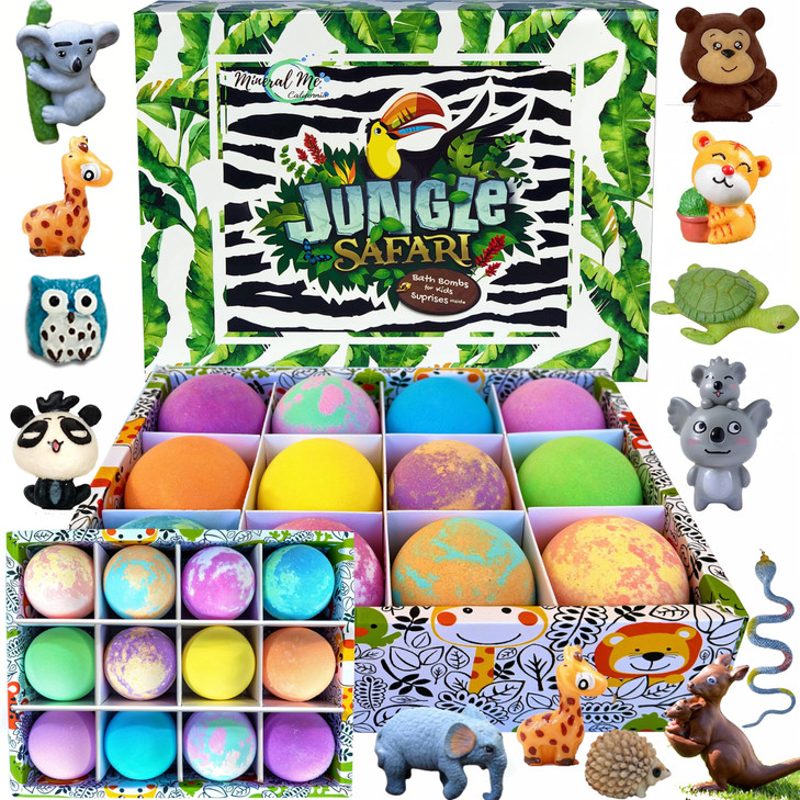 Bath Bombs for Kids with Surprise Inside, 12 Bubble Bath Fizzies with Jungle Animal Toys. Moisturizing, Gentle & Kids Safe, Rainbow Spa Bath Fizz, Bi