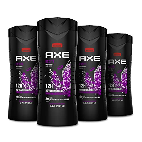AXE Body Wash 4 Count 12h Refreshing Scent Excite Crisp Coconut & Black Pepper Men's Body Wash with 100% Plant-Based Moisturizers 16 oz