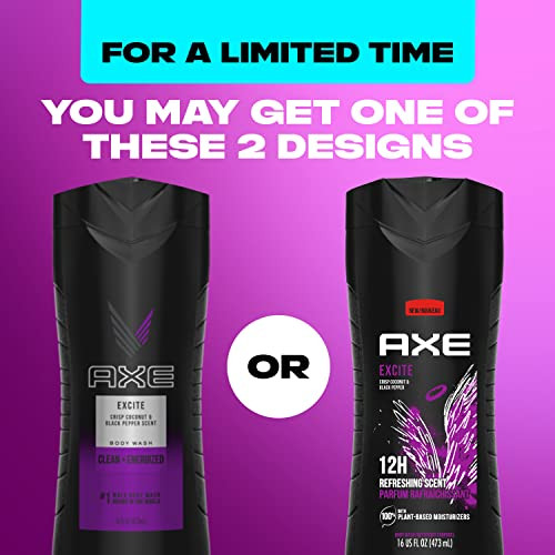 AXE Body Wash 4 Count 12h Refreshing Scent Excite Crisp Coconut & Black Pepper Men's Body Wash with 100% Plant-Based Moisturizers 16 oz