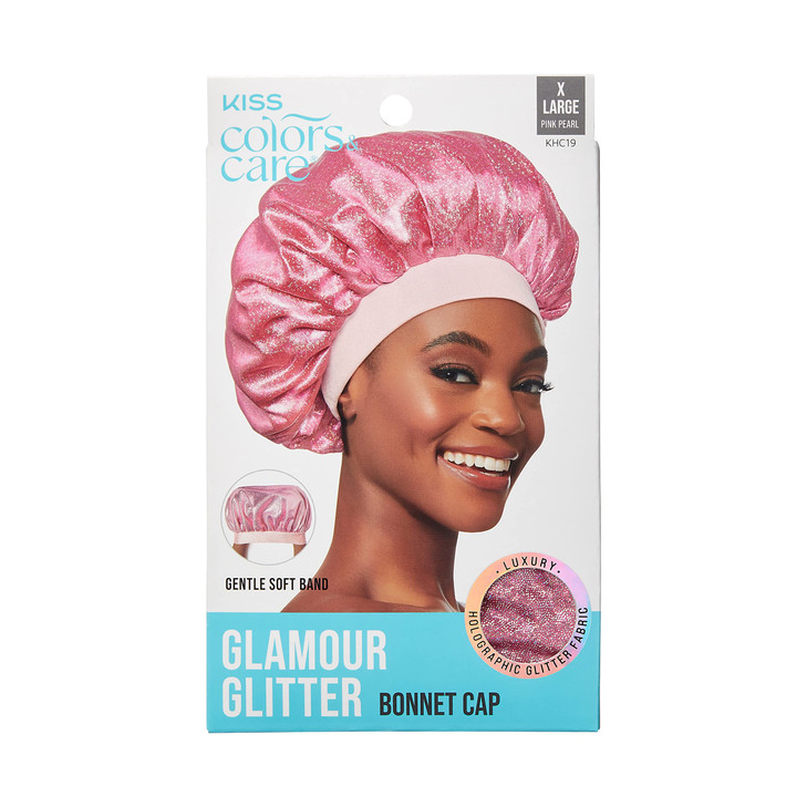 KISS COLORS & CARE Glitter Bonnet XL, Pink Pearl, Gentle Silky Fabric with Elastic Band for Most Hair Types - Hypoallergenic, Overnight Wear Stylish