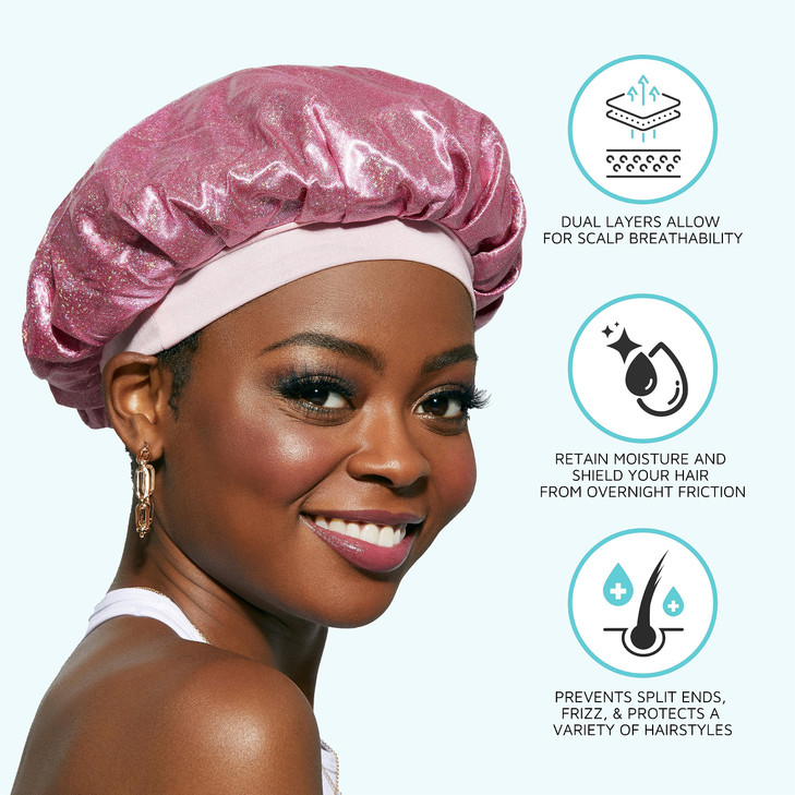 KISS COLORS & CARE Glitter Bonnet XL, Pink Pearl, Gentle Silky Fabric with Elastic Band for Most Hair Types - Hypoallergenic, Overnight Wear Stylish