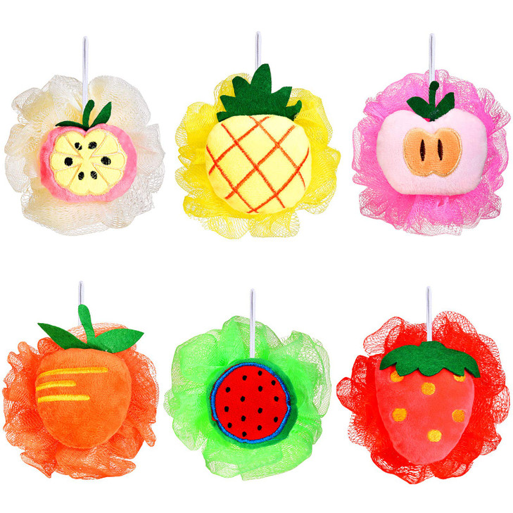 6 Pieces Cute Fruit Bath Shower Sponge Loofahs Mesh Pouf Shower Ball Colorful Cartoon Body Scrubber Balls Shower Mesh for Adults