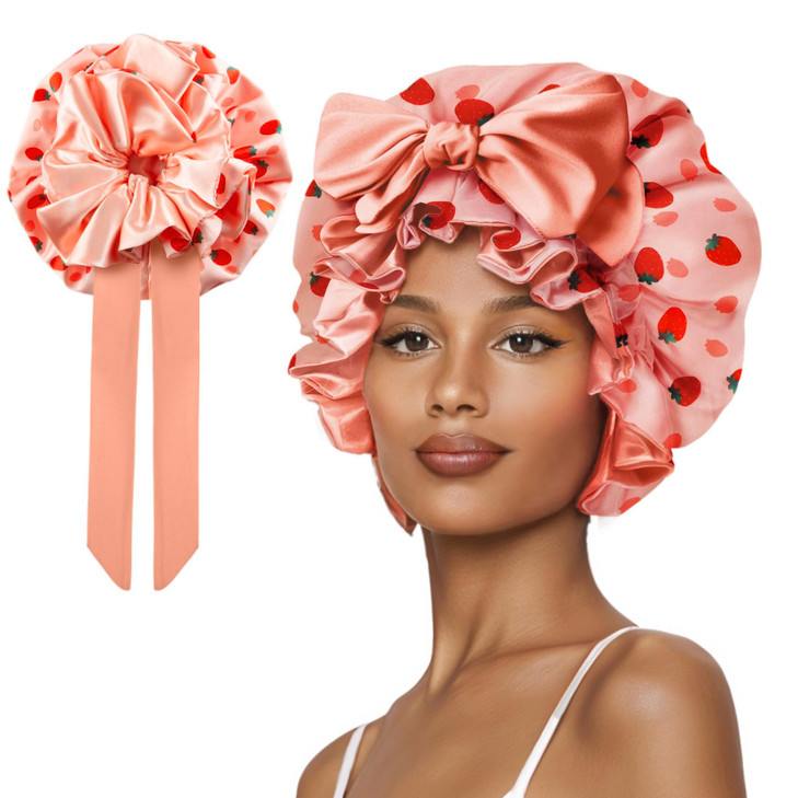 Vettres Silk Bonnet for Sleeping Women, Satin Hair Shower Cap 2025 Tie Band Adjustable Straps Head Wrap for Curly Hair Strawberries F