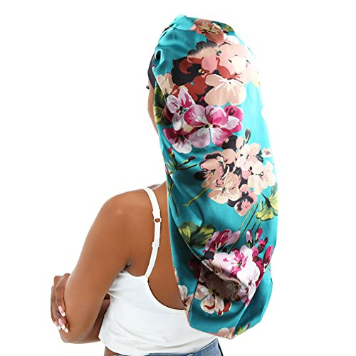 Sent Hair Extra Long Satin Bonnet Sleep Cap for Women, Double Layer Silky Hair Bonnet for Braids/Curly/Long Hair - Soft Elastic Band, Green Floral