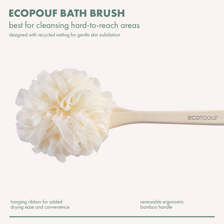 EcoTools EcoPouf Bath Brush, Loofah Brush for Bath & Shower, Made with Long Handle & Recycled, Soft Netting for Gentle Exfoliation, Back Brush for Me