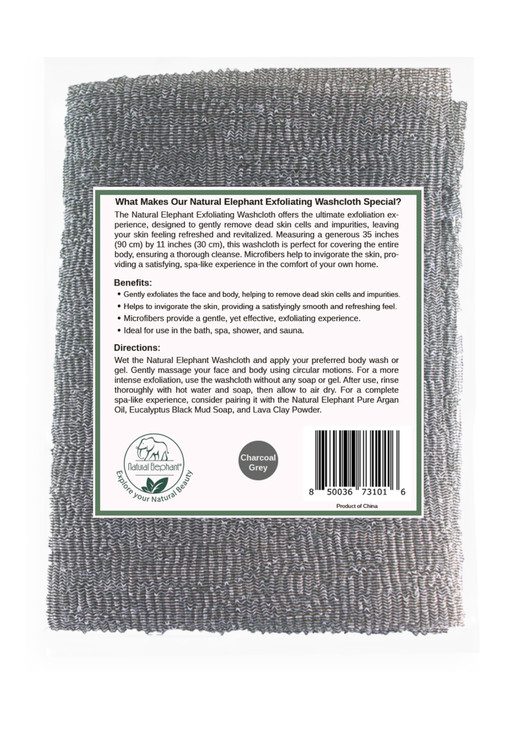 Natural Elephant Exfoliating Washcloth - Charcoal Grey Japanese Shower Scrubber for Body - Single Washcloth for Gentle Skin Exfoliation