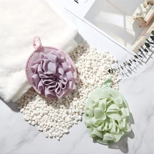 Boao 6 Pcs Bath Shower Pouf Sponge Mesh Pouf Shower Ball Exfoliating Body Sponge Pad Scrubber Glove with Flower Bath Ball (Beige,Green,Purple)
