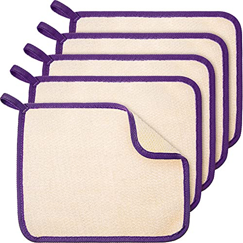Tatuo 5 Pcs Exfoliating Face and Body Wash Cloths Towel Weave Bath Exfoliating Scrub Massage Bath Cloth for Women and Men, 10.63 x 9.05 Inch (Purple