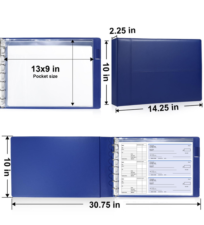 SUNEE Checkbook Cover 7 Ring with Zipper Pouch, 600 Checks Capacity for 9 x 13 Inch Sheet, Premium PU Leather Black Check Binder for Business Checks,